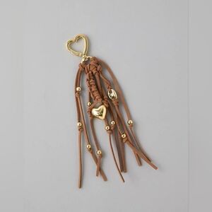 American Eagle Outfitters Heart Suede Tassel Keychain Bag Charm brown Gold